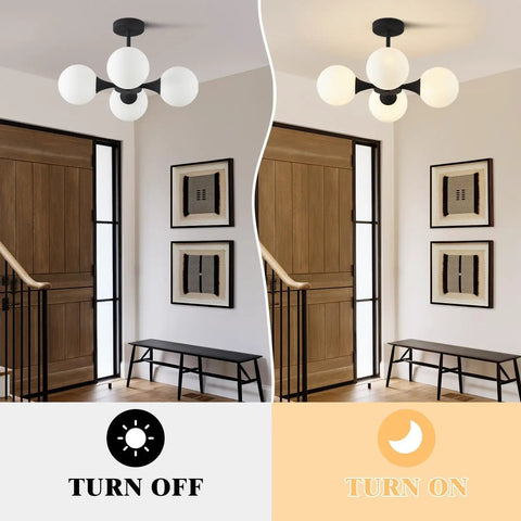 Mid Century Modern Semi Flush Mount Ceiling Light Fixture Farmhouse Black Globe Sputnik Chandelier With Four Milk Glass Globes For Hallway And Living Areas Dope Glow, off and on view