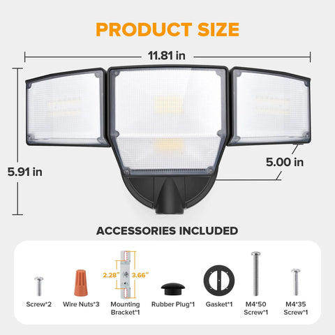 80W Dusk To Dawn Flood Light 9000 Lumens Led Security Beam With Photocell Ip65 Waterproof 4 Head Adjustable Outdoor Fixture dimensions and accessories.