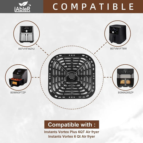 Instant Vortex 6 Qt Air Fryer Replacement Tray and Grill Plate compatibility chart for Plus 6QT models, featuring nonstick crisper rack