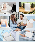 Collage showing Rechargeable Travel Makeup Mirror With 72 LED Lights in use, on desk, in luggage, and handbag, with packaging.