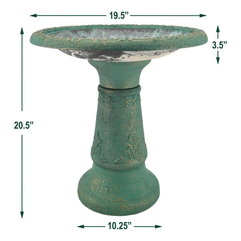 Fiberclay Bird Bath Outdoor Garden Decor Green, 20-Inch Tall Weather Resistant Water Bowl For Backyard And Patio, Antique Vintage Look