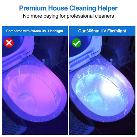 Comparison of 395nm UV light vs 365Nm UV Black Light Flashlight Pro on toilet stains, showing enhanced visibility.