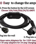 Portable Level 2 EV Charger Up To 32 Amps Adjustable 240V Power with LCD screen and plug for easy charging setup.