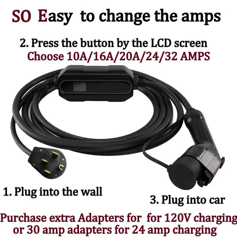 Portable Level 2 EV Charger Up To 32 Amps Adjustable 240V Power with LCD screen and plug for easy charging setup.