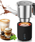 Boss Level Milk Frother And Steamer 4 In 1 Instant Foamer for hot or cold milks with stainless steel cup next to coffee drinks.