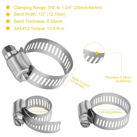 Stainless Steel Hose Clamps 15 Pack With Worm Gear Drive SAE 20 For Automotive Plumbing And Marine Use Clamp Range 3/4 To 1-3/4 Inches Corrosion Resistant Heavy Duty Premium 304 Stainless showing dimensions and torque specifications.