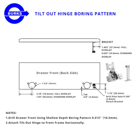 Two Pack Tilt Out Drawer Hinges Kit One Eighth Inch Overlay For False Fronts And Pull Out Trays installation diagram