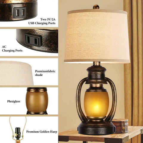 Set Of 2 Rustic Farmhouse Table Lamps With Built In USB Ports And Outlet For Living Room Or Bedroom, featuring details of port and shade.