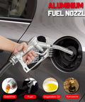 Aluminum fuel nozzle dispensing into car, showcasing gasoline, fuel, vegetable oil, kerosene options