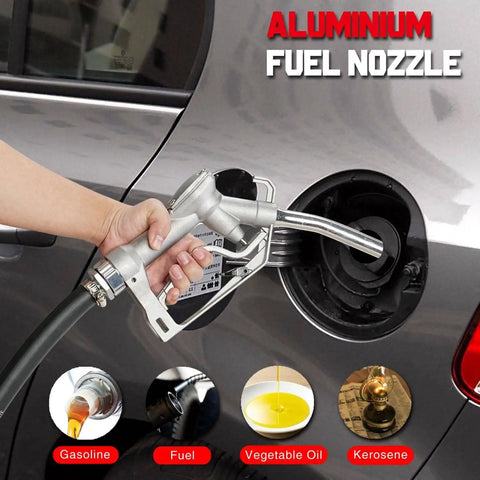 Aluminum fuel nozzle dispensing into car, showcasing gasoline, fuel, vegetable oil, kerosene options