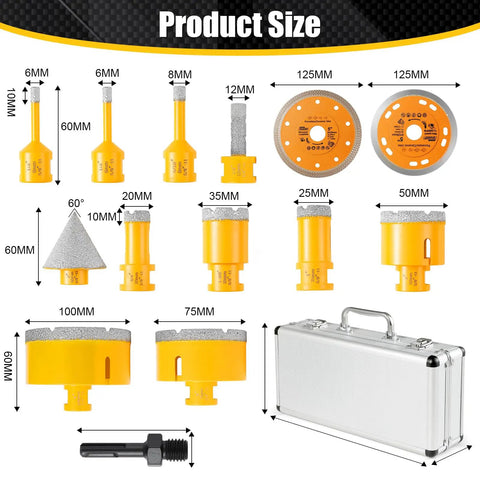 Get Your Renovation Done Right With This Badass 14 Pc Diamond Tile Hole Saw Kit including 6mm to 100mm hole saws and storage case.