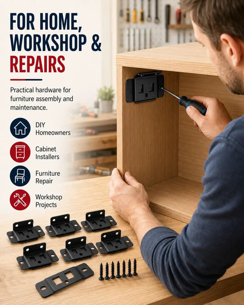 Person installing Beefy Stainless Steel Corner Brackets For Furniture L Shape Joint Braces With Screws Heavy Duty Cabinet.