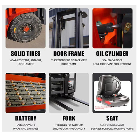 Detailed view of Heavy Duty Electric Forklift High Capacity Pallet Lifter With Steel Mast Anti Rust Finish components including tires, frame, and seat.