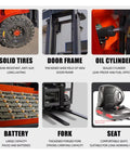 Heavy Duty Electric Forklift With Hydraulic Lifting Mast And Bulletproof Tires Workhorse Material Handler With Padded Seat For Busy Warehouses And Heavy Cargo Loads features solid tires, door frame, oil cylinder, battery, fork, and comfortable seat.