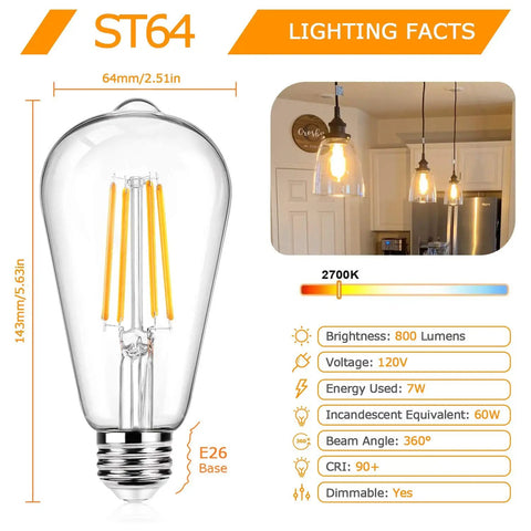 12 Pack Vintage LED Edison Bulbs ST64 Style 60W Equivalent 7W 800 Lumens Dimmable Filament Bulbs Clear Glass 2700K Warm White E26 Base