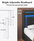 Height adjustable headboard for Rock Solid Full Size Bed Frame With Plush Faux Leather Upholstery and four seamless gliding storage drawers.