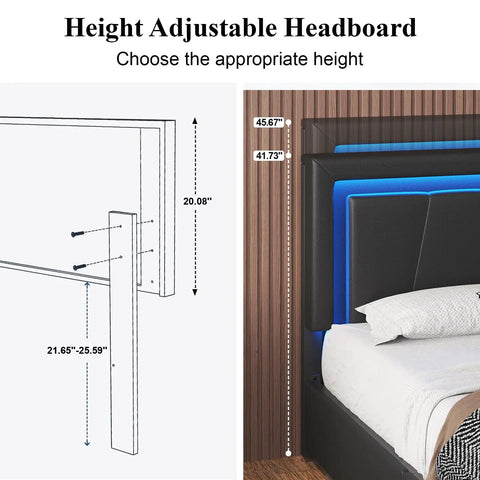 Height adjustable headboard for Rock Solid Full Size Bed Frame With Plush Faux Leather Upholstery and four seamless gliding storage drawers.