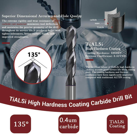 Close-up of Beast Workhorse Heavy Duty Carbide Drill Bit Set For Hardened Steel And Stainless Steel With 135 Degree Point CNC Tungsten Solid Carbide Twist Drill Bits Sizes One Sixteenth One Eighth Three Sixteenths One Quarter Inch Four Piece Set in use, featuring TiAlSi coating and 135-degree point angle.