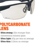 Tracker II Tactical Safety Glasses With Smoke Polycarbonate Lens close-up showcasing ultra-strong polycarbonate material.