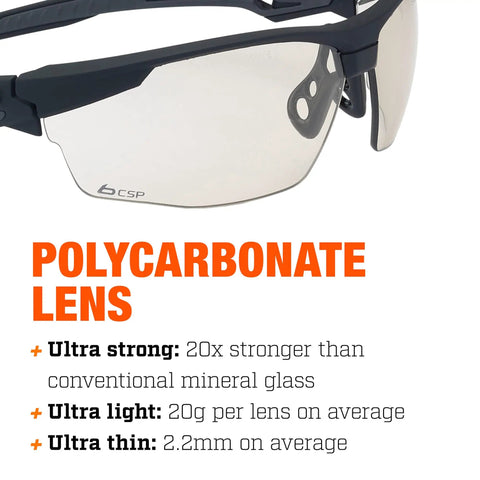 Tracker II Tactical Safety Glasses With Smoke Polycarbonate Lens close-up showcasing ultra-strong polycarbonate material.