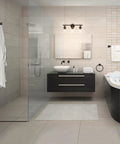 Bathroom showing Oil Rubbed Bronze All In One Bathroom Set With 3 Light Vanity Fixture And Coordinating Towel Bar Towel Ring Robe Hook And Toilet Paper Holder For A Simple Quick And Easy Bathroom Upgrade.