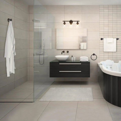 Bathroom showing Oil Rubbed Bronze All In One Bathroom Set With 3 Light Vanity Fixture And Coordinating Towel Bar Towel Ring Robe Hook And Toilet Paper Holder For A Simple Quick And Easy Bathroom Upgrade.