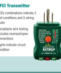 GFCI transmitter for AC Circuit Breaker Finder and Receptacle Tester with LED indicators and wiring fault guide.