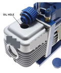 Built Tough Single Stage Rotary Vane Vacuum Pump Delivers Knockout Performance For AC Techs, showcasing oil hole and cap design.