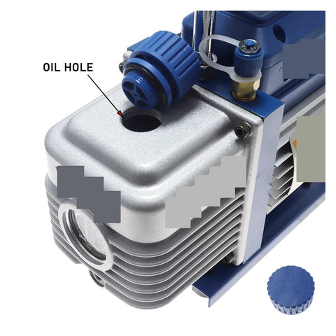 Built Tough Single Stage Rotary Vane Vacuum Pump Delivers Knockout Performance For AC Techs, showcasing oil hole and cap design.