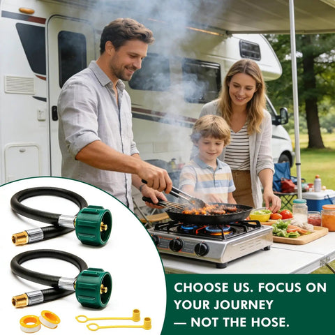 Dual Tank RV Propane Hose 15 Inch Four Layer QCC1 Type 1 To One Quarter Inch Male NPT Camper Gas Line CSA Certified 350 PSI