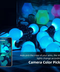 Outdoor Smart String Lights With App Control, 50 Feet Waterproof RGB G40 LED Bulbs, illuminated in blue, with a smartphone app display