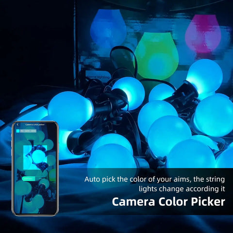 Outdoor Smart String Lights With App Control, 50 Feet Waterproof RGB G40 LED Bulbs, illuminated in blue, with a smartphone app display