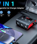 Slick Heavy Duty 7 In 1 Cigarette Lighter Splitter With 3 Independent 12V 24V Socket Outlets And 4 Fast Charge Usb Ports LED Voltage Monitor displayed in car with phone charging.