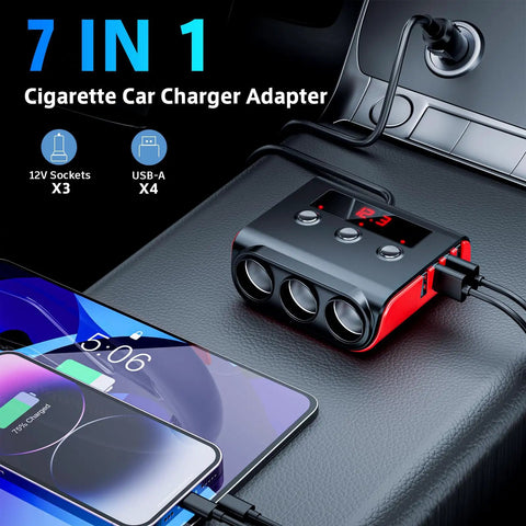 Slick Heavy Duty 7 In 1 Cigarette Lighter Splitter With 3 Independent 12V 24V Socket Outlets And 4 Fast Charge Usb Ports LED Voltage Monitor displayed in car with phone charging.