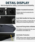 Detailed features of Built Tough Stainless Steel Battery Box for Group 24 and 27 Batteries, showing grommets and handles.