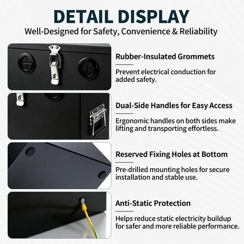 Detailed features of Built Tough Stainless Steel Battery Box for Group 24 and 27 Batteries, showing grommets and handles.