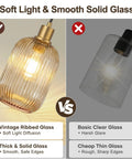 Two Pack Top Tier Amber Cylinder Pendant Lights With Vintage Ribbed Hand Blown Glass And Brushed Gold Adjustable Fixtures, showcasing soft light vs harsh glare.