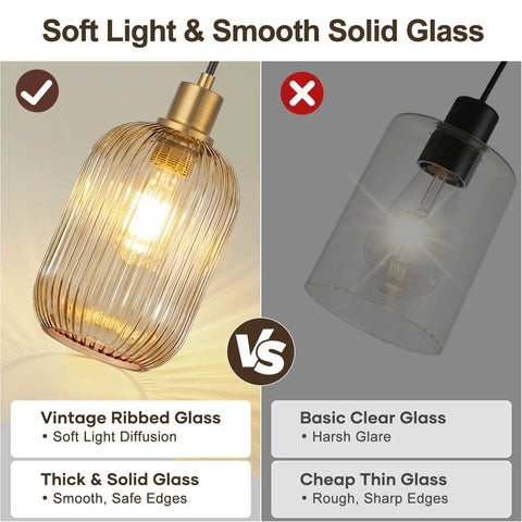 Two Pack Top Tier Amber Cylinder Pendant Lights With Vintage Ribbed Hand Blown Glass And Brushed Gold Adjustable Fixtures, showcasing soft light vs harsh glare.