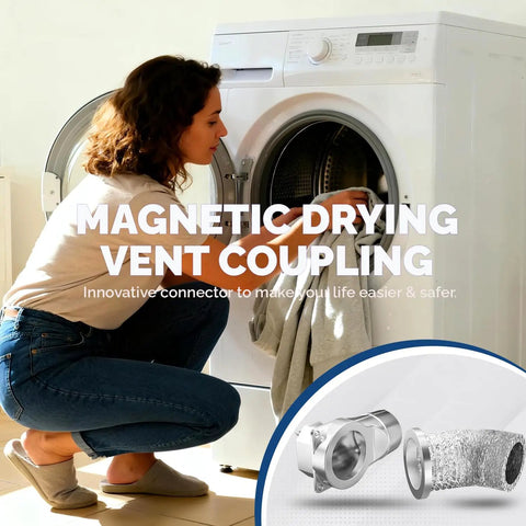 Woman using Magnetic Dryer Vent Connector Kit with Quick Install for Tight Spaces next to dryer, showing magnetic connection and vent parts.
