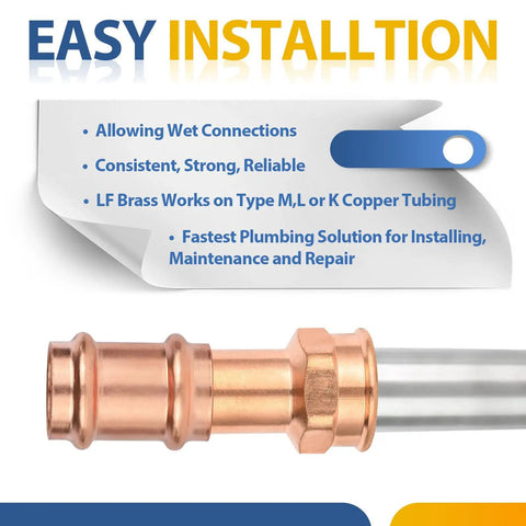 One Hundred Pack Copper 1 Inch Street Adapter Fitting Press Connect To Npt Female Thread Connector For Hot And Cold Water Supply Heavy Duty Pro Plumber Grade Rock Solid Design Quick Install, showing copper fitting with label.