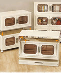 Heavy Duty Plastic Storage Bins With Secure Lids And Smooth Gliding Wheels Foldable Stackable Boxes in cream color, showcasing four bins stacked and opened.