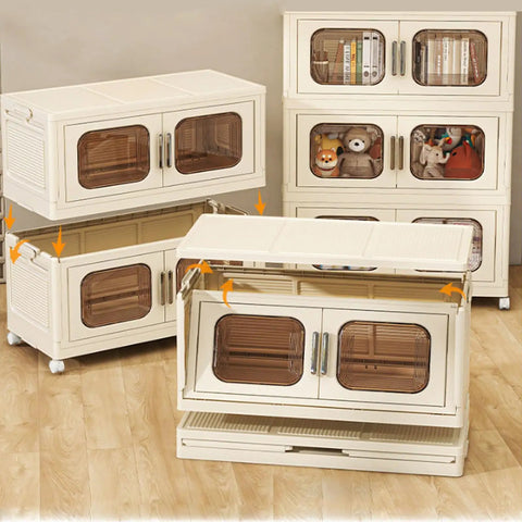 Heavy Duty Plastic Storage Bins With Secure Lids And Smooth Gliding Wheels Foldable Stackable Boxes in cream color, showcasing four bins stacked and opened.
