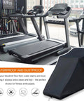 All Weather Treadmill Cover For Home Gym Indoor Outdoor Use Dustproof Protective Shield That Keeps Dust Moisture Off Fits Nonfoldable And Foldable Treadmill Models A And B Ideal For Any Treadmill Black covering treadmill in gym setting