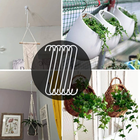Set of 6 10 Inch White Steel Heavy Duty S Hooks With Rubber Caps displayed in use supporting plants and hangers indoors and outdoors