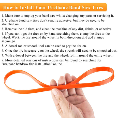 Hand holding a Premium Urethane Bandsaw Tire 14 Inch By 1 Inch By 0.095 Inch Two Pack With Quick Install No Adhesive Needed.