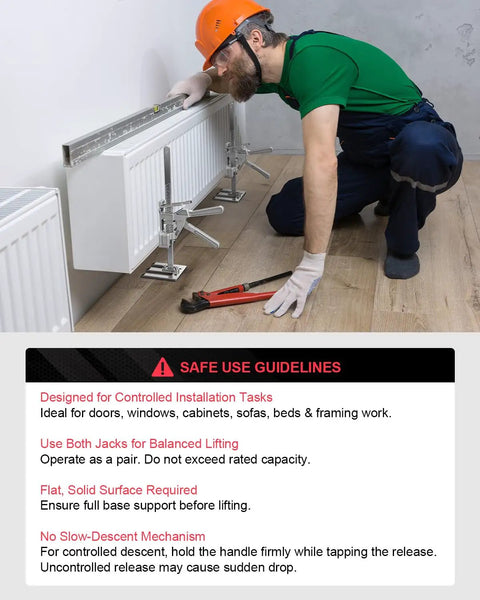 Person using Two Pack Heavy Duty Labor Saving Arm Jack Lifts Up To Ten Inches, All Metal Hand Lifting Tool for radiators