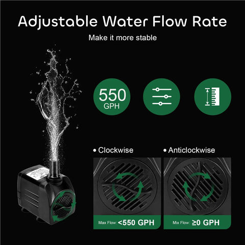 Ultra Quiet Submersible Pump 550GPH 30W With 7.2Ft Lift And 2000LPH Flow, UL Certified Flow Control, adjustable water flow