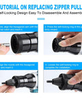 Tutorial on replacing zipper pulls with self-locking design shown on cordless rivet gun and nut tool with LED.
