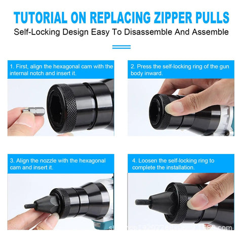 Tutorial images showing steps to replace zipper pulls using the Slick Cordless Automatic Riveter Packed With Rugged 5.2Ah Battery.