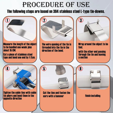 Procedure of use for Super Heavy Duty Stainless Steel Strapping Kit With Manual Tensioner Tool And One Hundred Rugged Steel Banding Buckles.